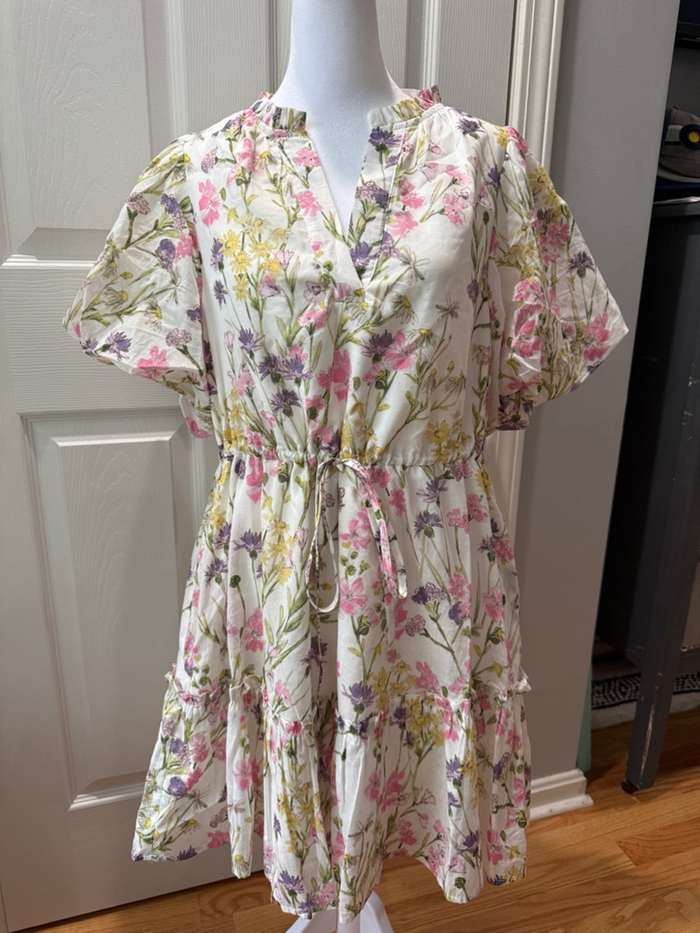 Sugarlips White Floral Tiered V-Neck Mini Dress - Pink/Yellow/Purple
